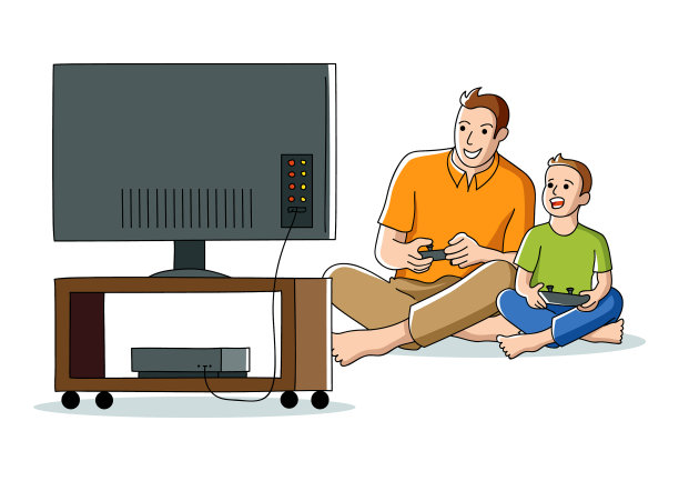 父子玩电子游戏的卡通图片下载