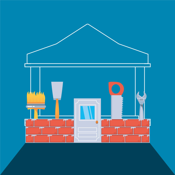 正面房屋正在建设中，有固定的工具图片下载