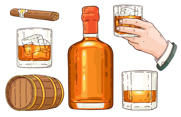 威士忌酒类符号草图图标集图片下载