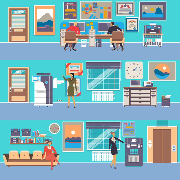 现代办公空间设置在平坦的风格图片下载