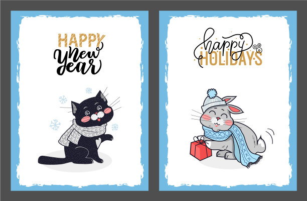 圣诞贺卡上有猫和兔子的问候图片下载