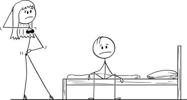 卡通阳痿男子沮丧地坐在床上图片下载