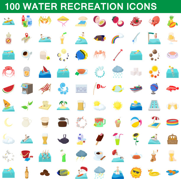 100个水上娱乐图标设置卡通风格图片下载