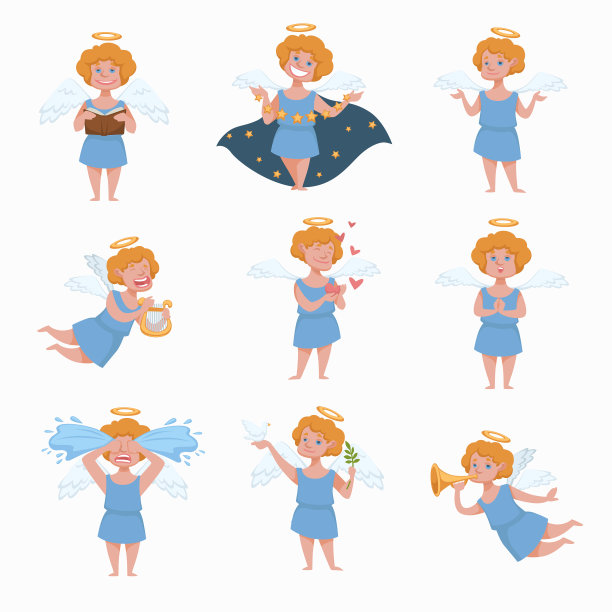 天使有翅膀，金色的光环，竖琴和小号图片下载