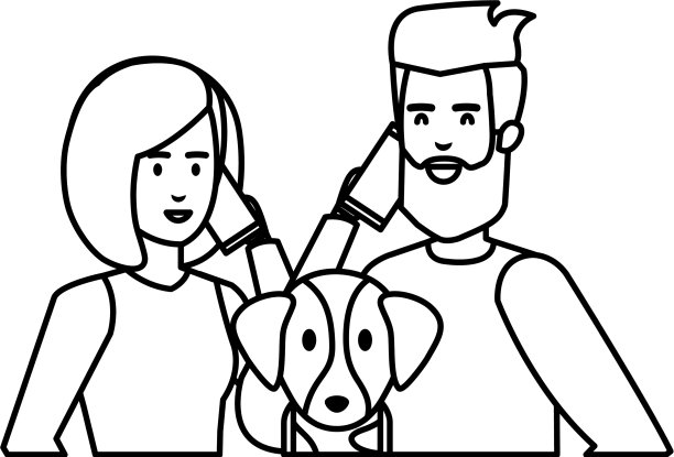 一对年轻夫妇和智能手机和狗图片下载