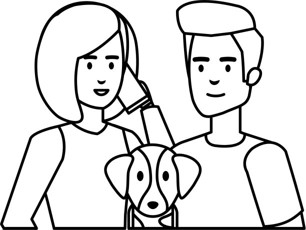 一对年轻夫妇和智能手机和狗图片下载