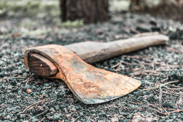 一把生锈的旧斧头扔在森林里的某个地方，被遗忘在地上图片下载