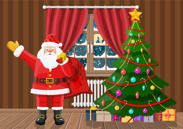 圣诞老人在房间里放着圣诞树和礼物图片下载