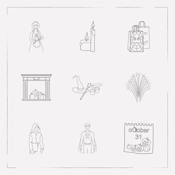 一套女巫图标线条风格符号与礼物图片下载