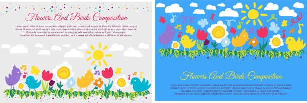 鸟和花的平面横幅与copyspace图片下载