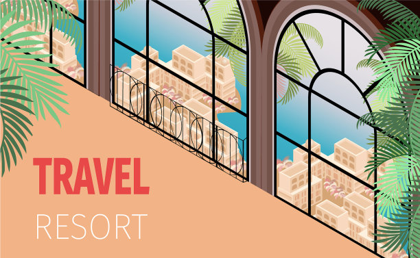 度假酒店建筑窗前景色优美图片下载