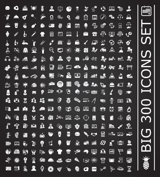 大的300个图标设置在黑色背景的图形图片下载
