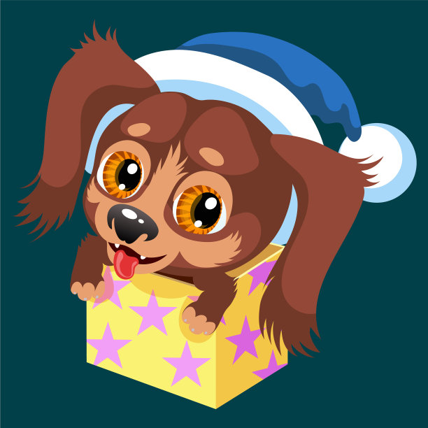 卡通棕色小狗坐在礼物盒里图片下载