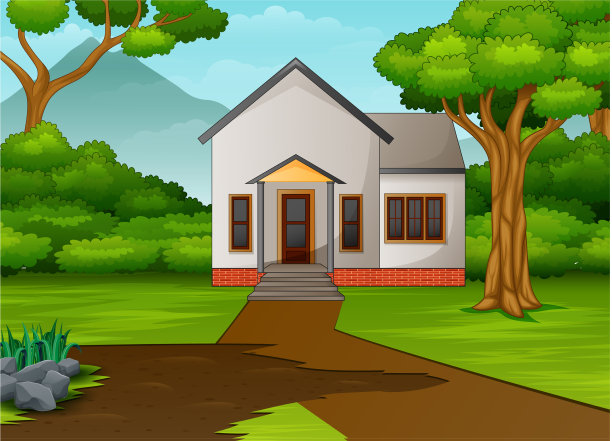 小房子在美丽的风景和绿色的yar图片下载