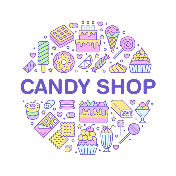 甜食物圆海报与平线图标图片下载