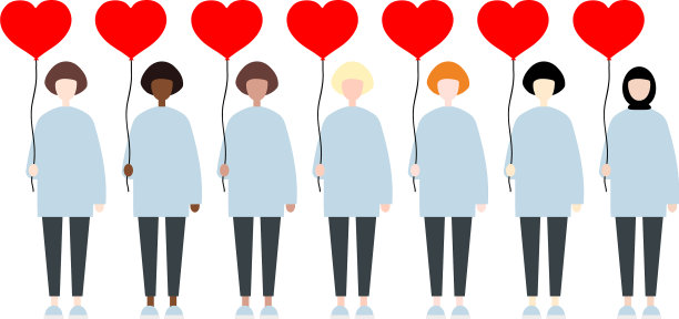 设置不同种族的妇女拿着红色气球图片下载