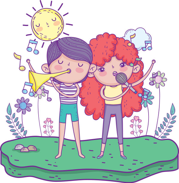 女孩在唱歌，男孩在吹小号图片下载