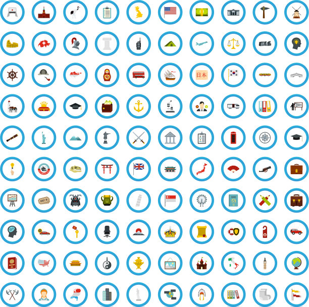 100个旅游调查图标设置扁平化风格图片下载