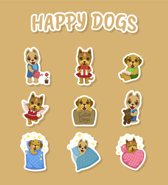 快乐的狗可爱的贴纸设置可爱的宠物动物图片下载