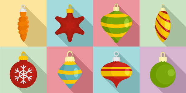 圣诞树玩具图标设置扁平风格图片下载