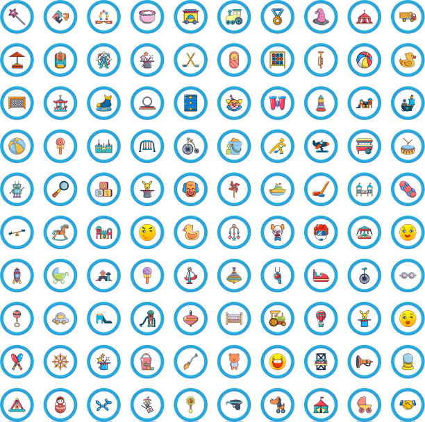 100个玩具图标设置卡通风格图片下载