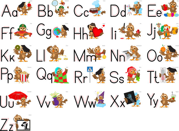 英语字母表ABC字母set owl老师学习图片下载