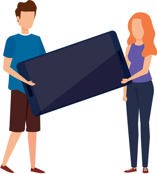 一对年轻夫妇举起智能手机上的角色图片下载