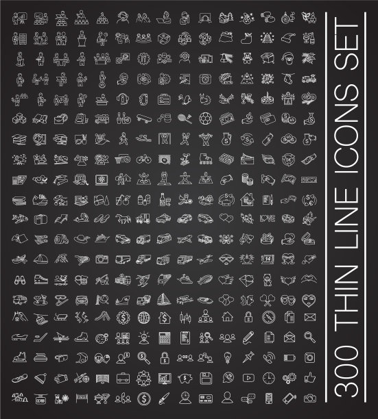 大的300细线图标设置在黑色背景图片下载