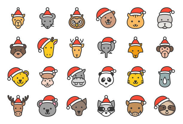 野生和森林动物戴圣诞帽图标图片下载