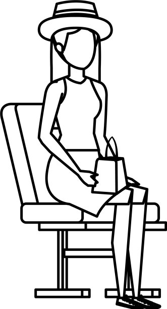 戴着夏帽的女游客坐在机场的椅子上图片下载