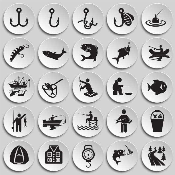 钓鱼图标设置在图形的盘子背景图片下载