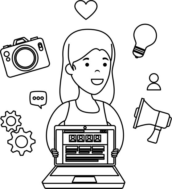 拥有笔记本电脑和商业图标的年轻女子图片下载