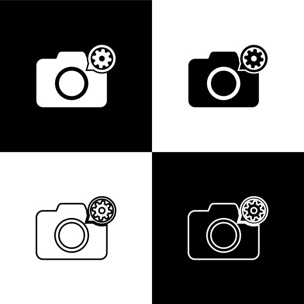 设置照片相机和齿轮图标孤立在黑色图片下载
