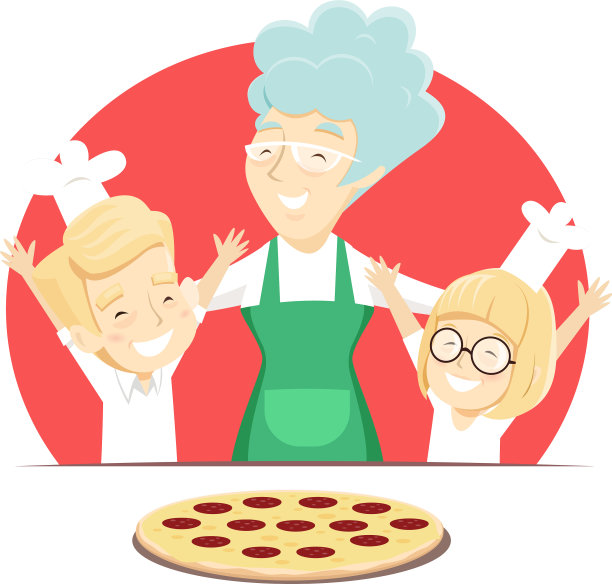 祖母和孙子们一起烤意大利披萨图片下载