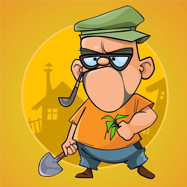 卡通困惑的人住在一个拿着铲子的农舍里图片下载