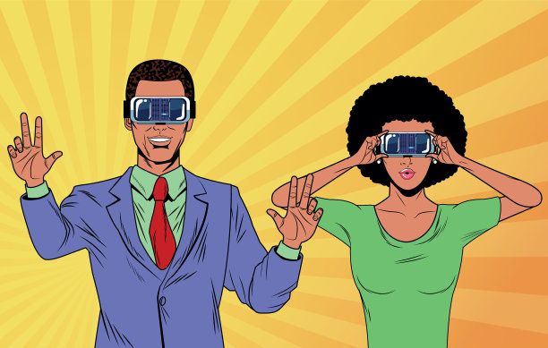 波普艺术夫妇使用虚拟现实眼镜图片下载