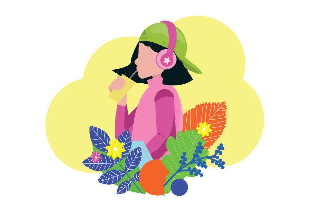 年轻女孩喝着果汁听着图片下载