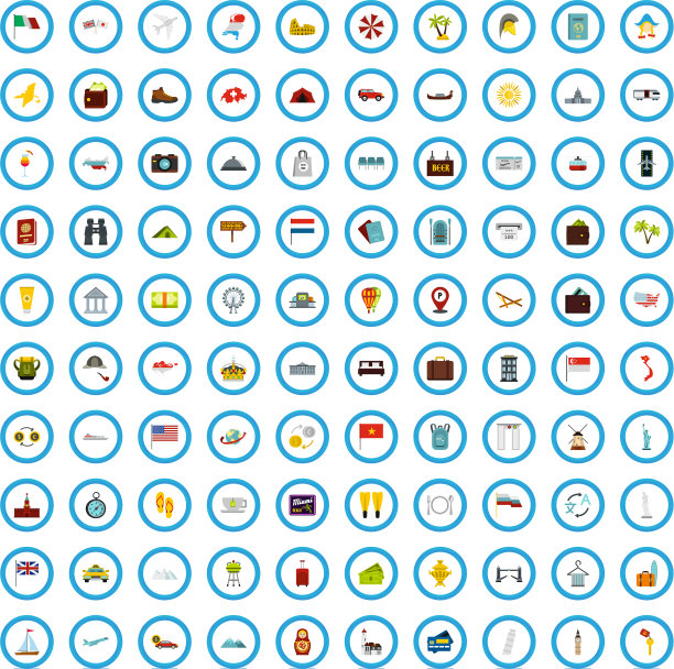 100家旅游机构图标设置扁平风格图片下载