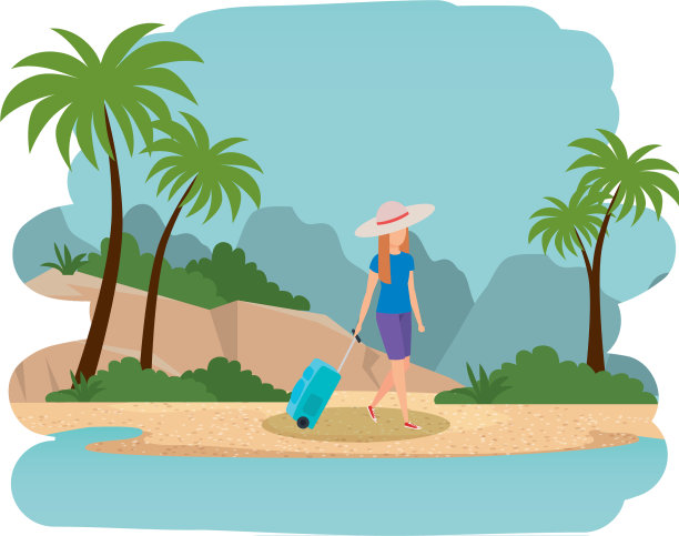 美丽的旅游女孩提着行李箱在海滩上图片下载