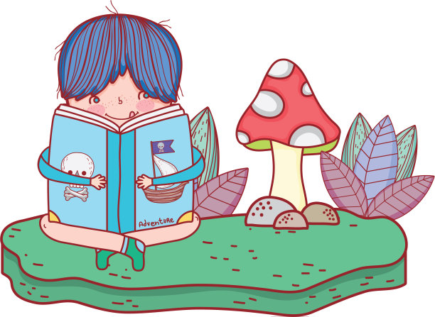 快乐的小男孩在风景里看书图片下载