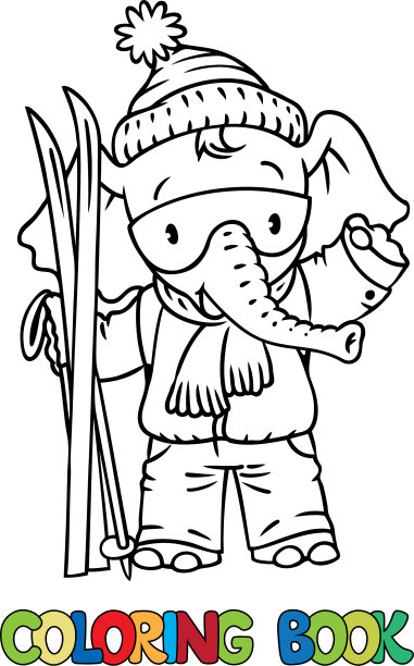 有趣的大象骑在滑雪板上色书图片下载