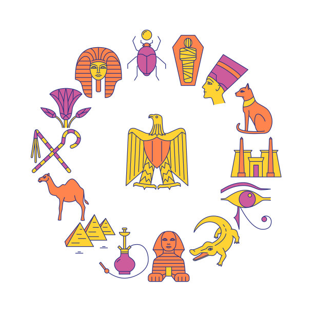 圆形横幅与埃及符号在线条风格图片下载