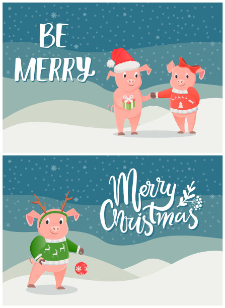 雪景上的圣诞明信片猪快乐图片下载