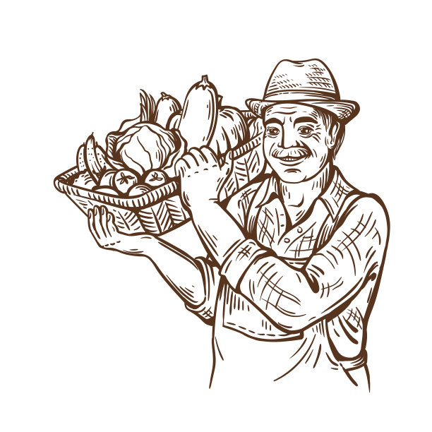 帽子里戴着一篮子蔬菜的农夫图片下载