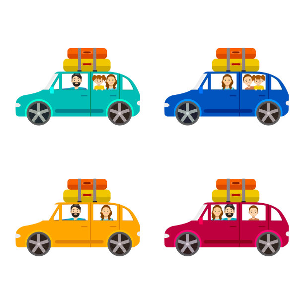 卡通家庭旅行汽车套装图片下载