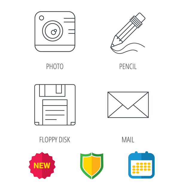 照片、照相机、铅笔和邮件图标图片下载