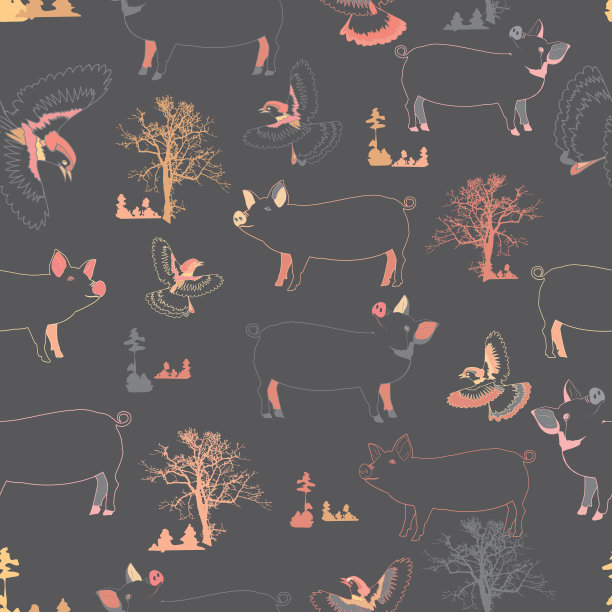 农田里有树、猪和图片下载