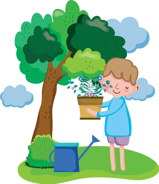 男孩用洒水器举起室内植物图片下载