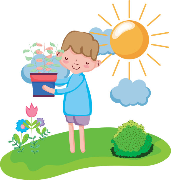 小男孩在景观中举起室内植物图片下载