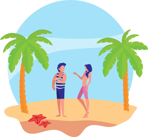 年轻男孩和女人在海滩夏天的场景图片下载